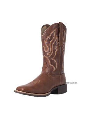 Faux Leather Western Cowboy Boots Mid Calf Embroidered Square Toe Pull On
